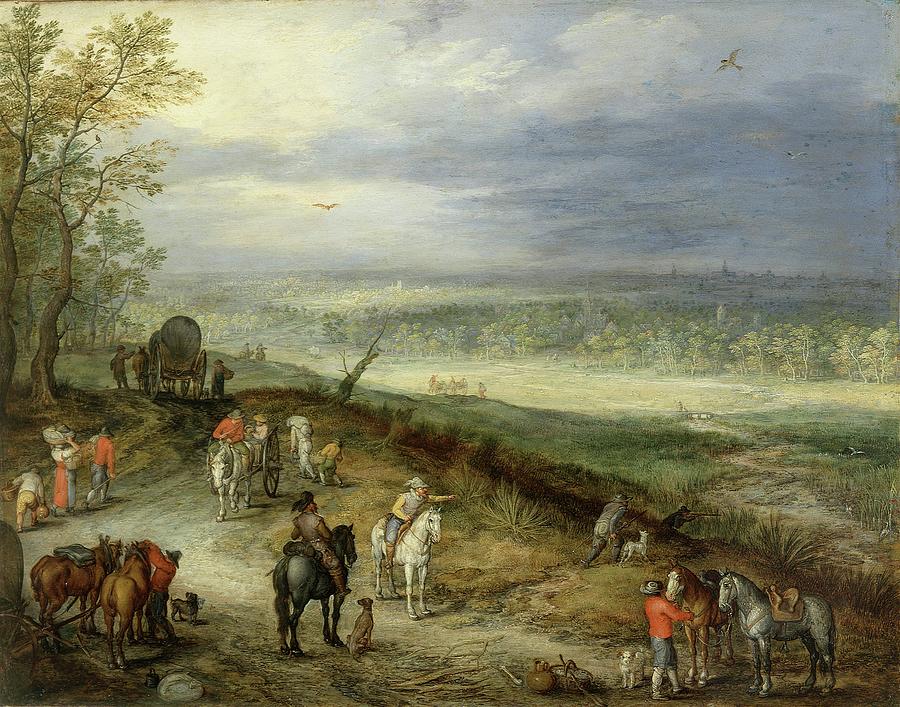 Horse Painting - Extensive Landscape With Travellers On A Country Road by Jan Brueghel The Elder