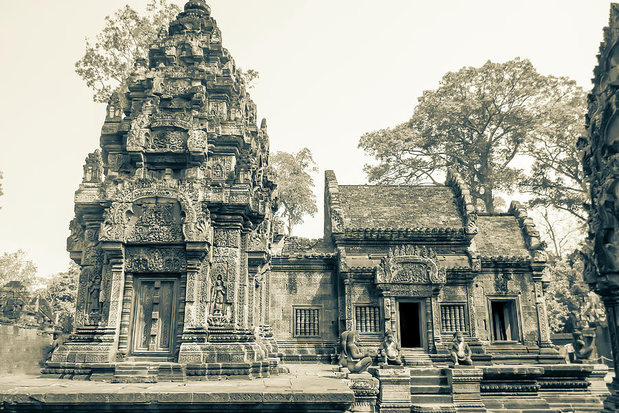 Exterior of Temple of Banteay Srei, Siem Reap, Cambodia in sepia Photograph by Karen Foley