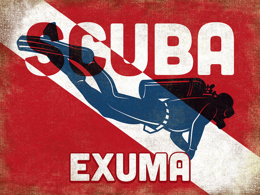 Exuma Digital Art - Exuma Scuba Diver - Blue Retro by Flo Karp Exuma Digital Art - Exuma Scuba Diver - Blue Retro by Flo Karp