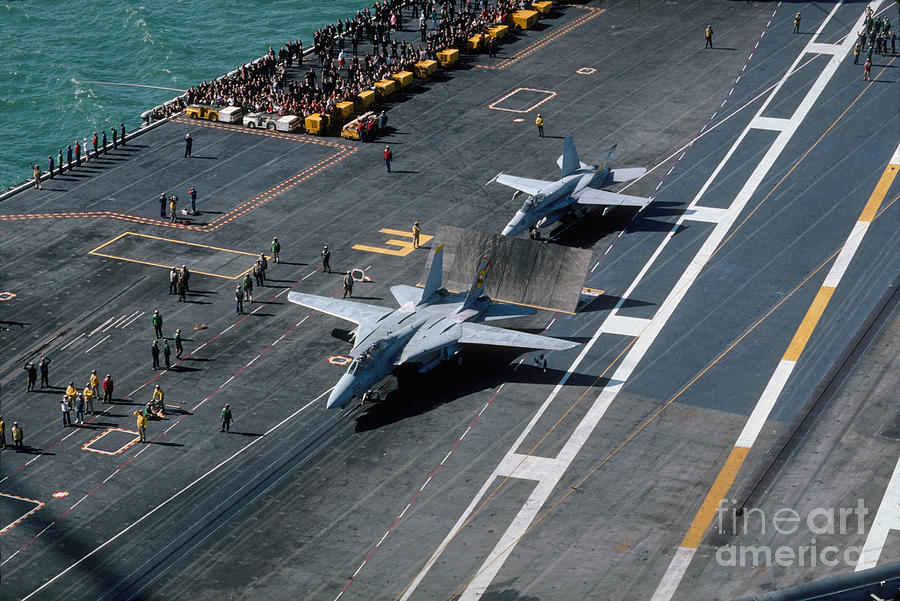 Jet Photograph - F-14 and FA-18 Fighters aboard the USS Carl Vinson, CVN-70 by Wernher Krutein