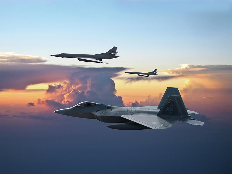   F-22 Raptor Escorting Russian Tu-160 Blackjacks Digital Art by Erik Simonsen