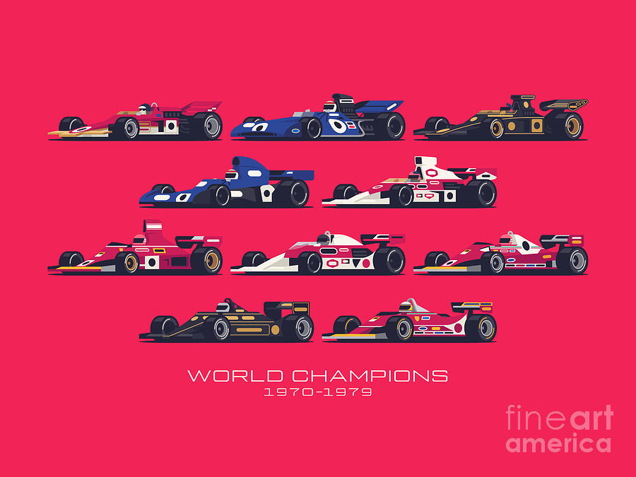 F1 World Champions 1970s - Red Digital Art by Organic Synthesis