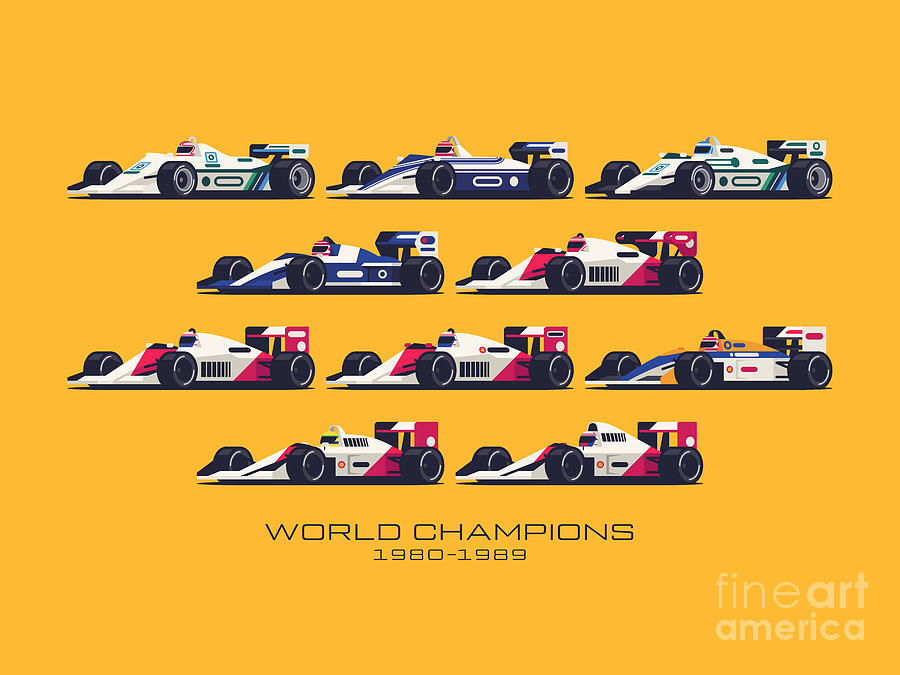 F1 Digital Art - F1 World Champions 1980s - Yellow by Ivan Krpan F1 Digital Art - F1 World Champions 1980s - Yellow by Ivan Krpan