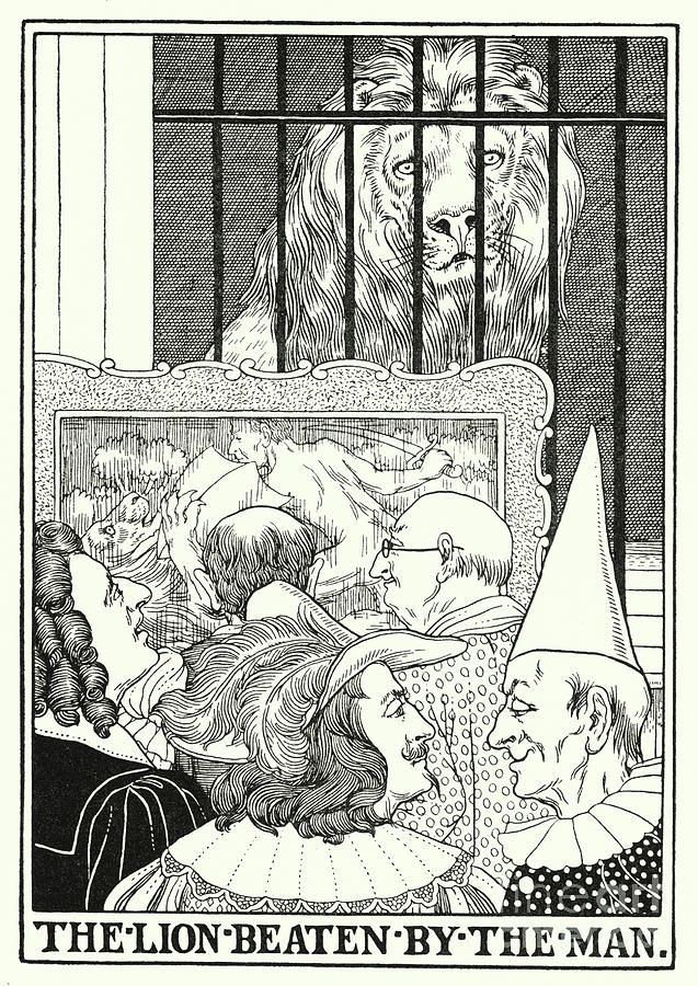 Fables Of La Fontaine, The Lion Beaten By The Man Painting by Percy James Billinghurst
