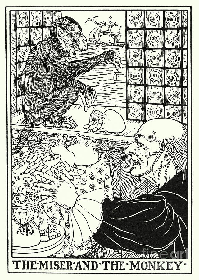 Fables Of La Fontaine, The Miser And The Monkey Painting by Percy James Billinghurst