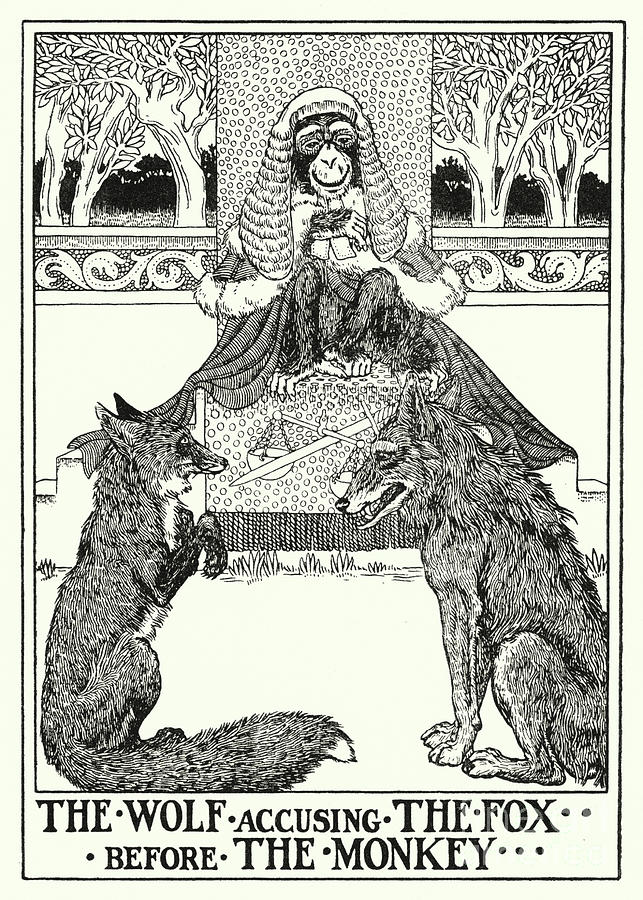 Fables Of La Fontaine, The Wolf Accusing The Fox Before The Monkey Painting by Percy James Billinghurst