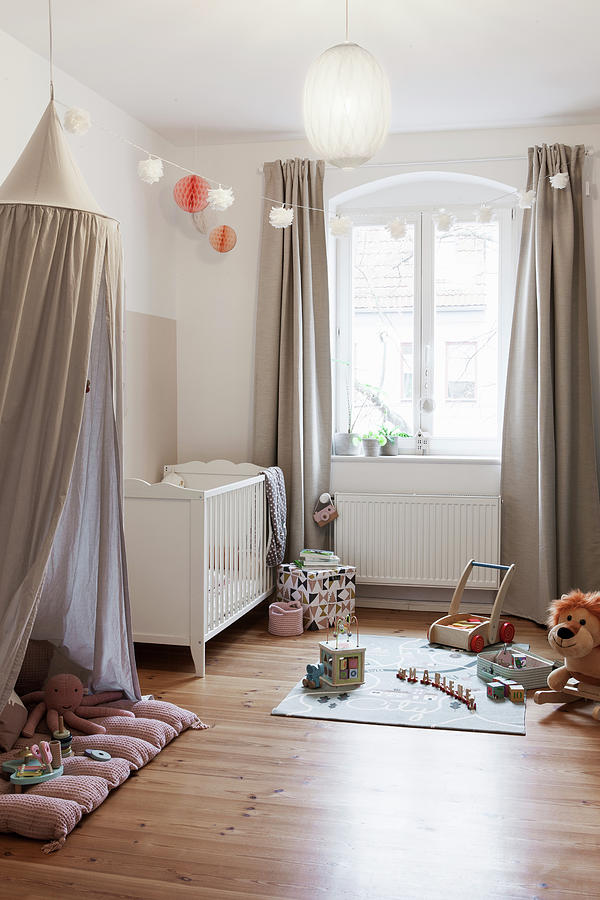 Fabric Canopy, Cot And Play Mat In Nursery Photograph by Hej.hem Interior