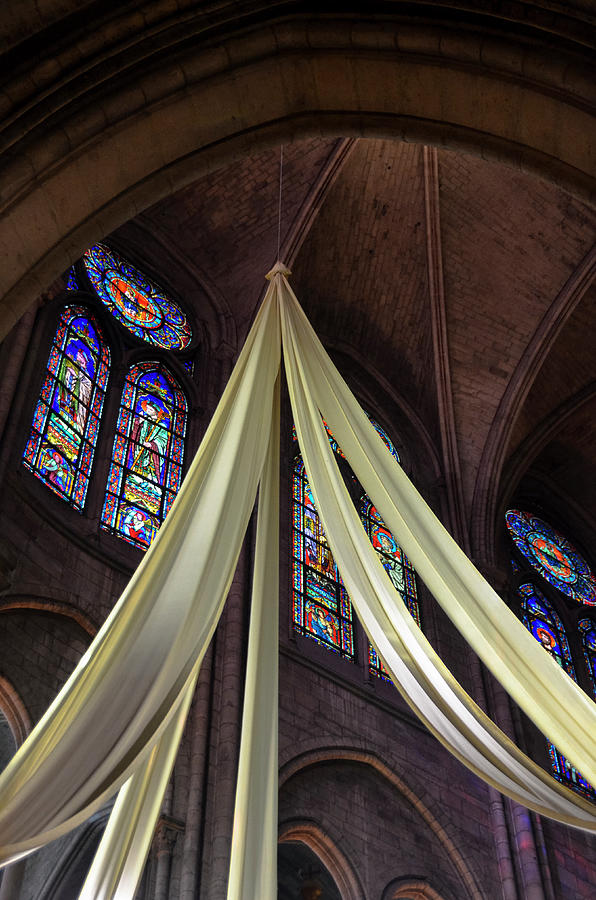 Fabrics over the altar and stained glass windows of Notre Dame de Paris Photograph by RicardMN Photography