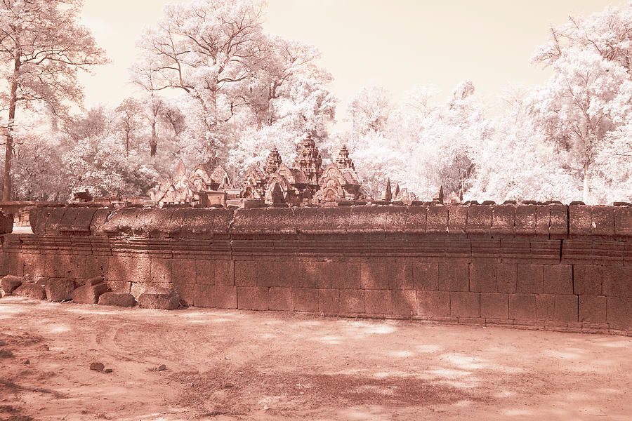 Facade of Banteay Srei Temple in Siem Reap Cambodia in infrared Photograph by Karen Foley
