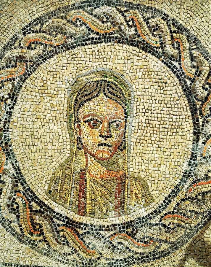 Face of devout woman wearing veil mosaic pavement from Basilica Aquileia 4th century AD. Basilica... Painting by Album