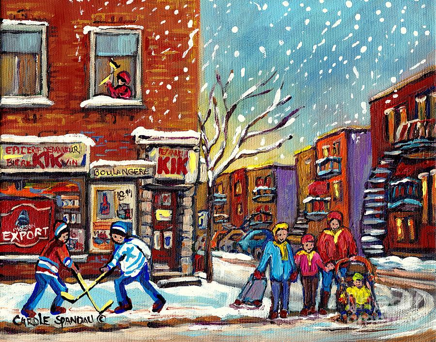 Face Off Street Hockey At The Corner Dep Snow Falling Streets Of Montreal Quebec Artist C Spandau Painting by Carole Spandau