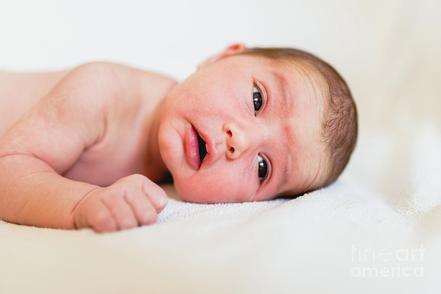 Face portrait of a newborn baby, calm and relaxed. Photograph by Joaquin Corbalan