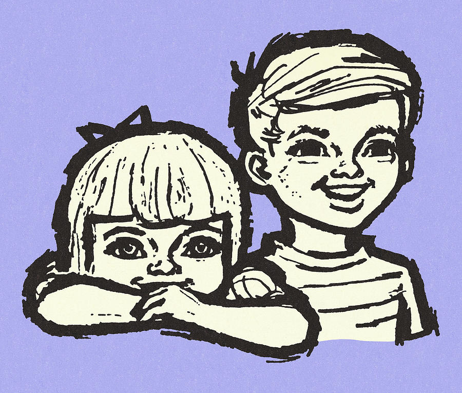 Vintage Drawing - Faces of Two Children by CSA Images