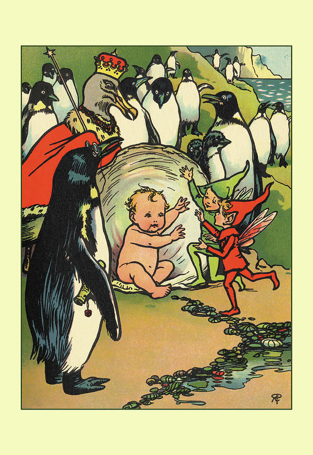 Penguin Painting - Fairies, Penguins and a Baby by Rosa C. Petherick