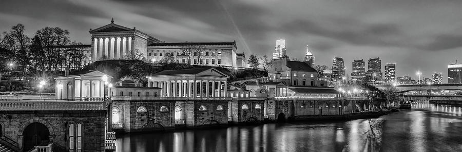 Fairmount Waterworks and Art Museum at Night in Black and White Photograph by Bill Cannon