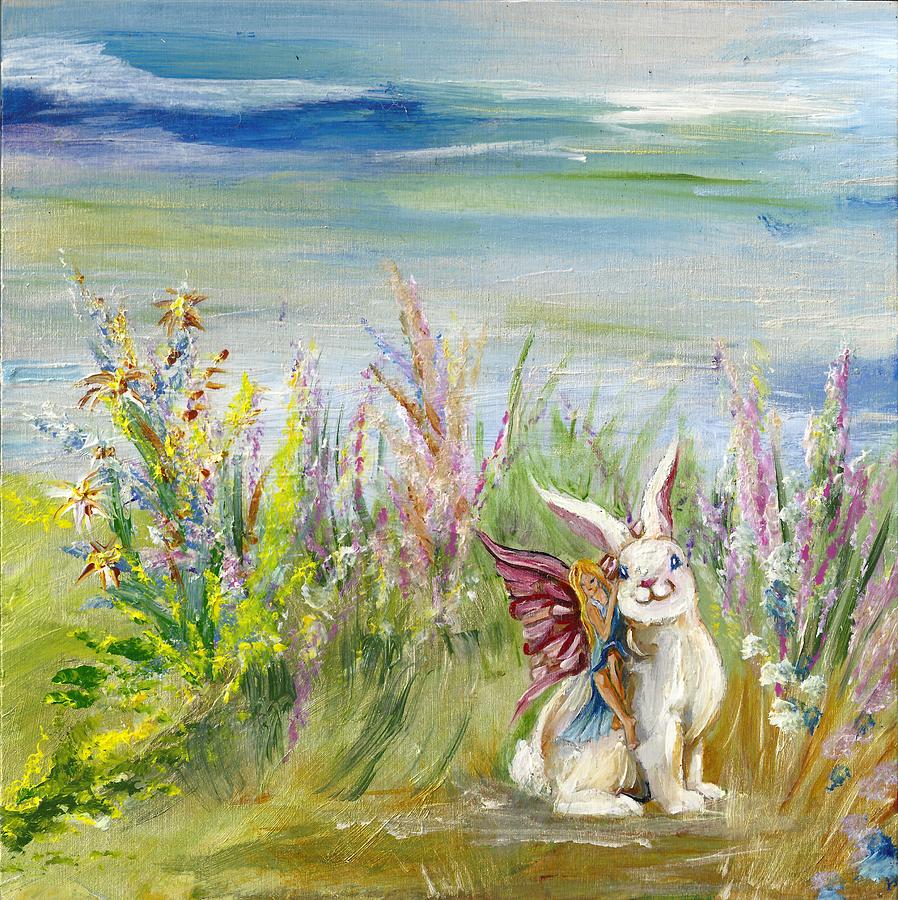 Fairy and Bunny at Play Painting by Karen Ferrand Carroll