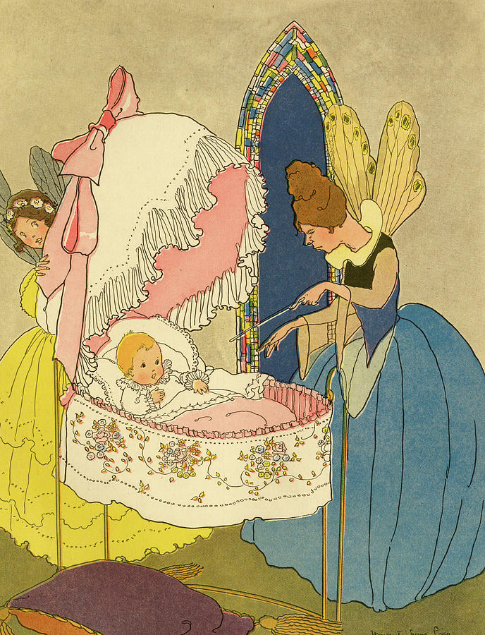 Fairy God Mother holds a magic wand over an infant in crib Painting by Unknown