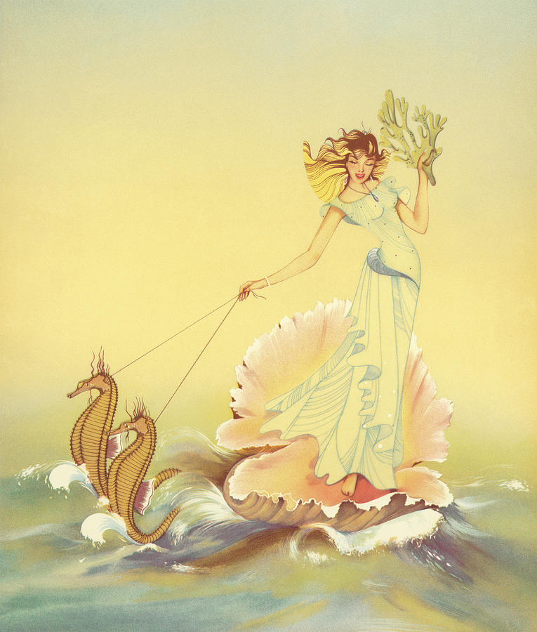 Fairy Drawing - Fairy Riding a Seashell with Seahorses by CSA Images