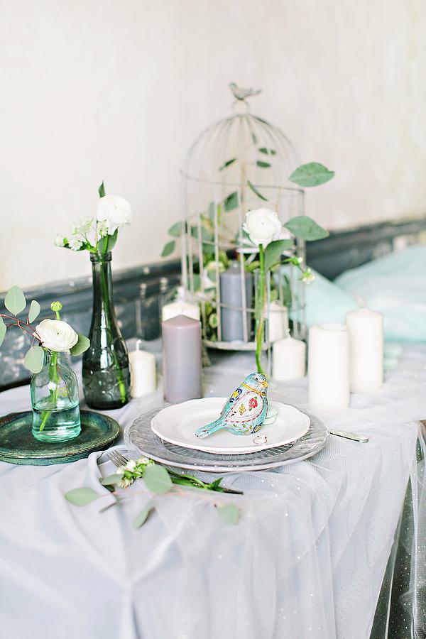 Fairy-tale Dining Table Decorated For Wedding With Birdcage And Many Candles Photograph by Elizaveta Dogadaeva