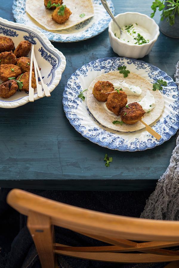 Falafel Skewers With Flatbread And Dip Photograph by Aniko Takacs