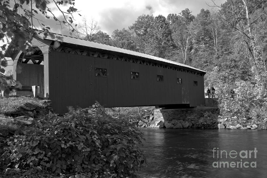 Fall At The Arlington Green Covered Bridge Black And White Photograph by Adam Jewell