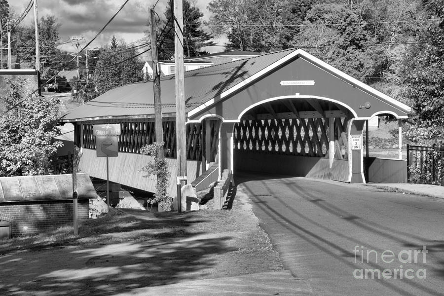 Fall Colors At The West Swanzey Covered Bridge Black And White Photograph by Adam Jewell