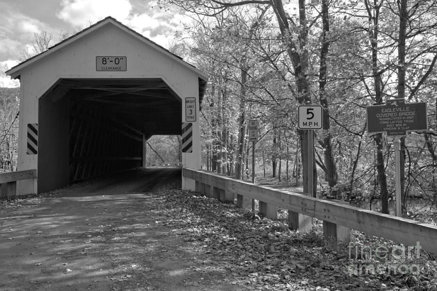 Fall Day At The Eagleville Covered Bridge Black And White Photograph by Adam Jewell