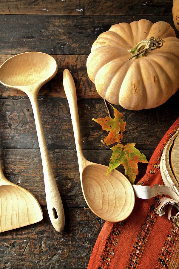 Fall Diner Celebration In The Country, Wooden Spoons With Leaves And Pumpkin Photograph by Andre Baranowski