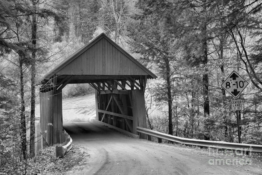 Fall Foliage As The Red Covered Bridge Black And White Photograph by Adam Jewell