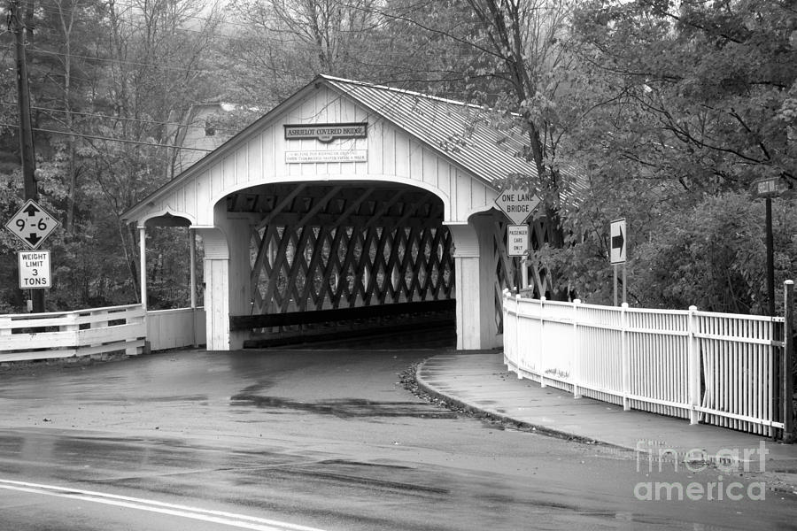 Fall Foliage At The Ashuelot Covered Bridge Black And White Photograph by Adam Jewell