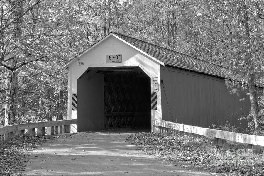 Fall Foliage At The Eagleville Covered Bridge Black And White Photograph by Adam Jewell