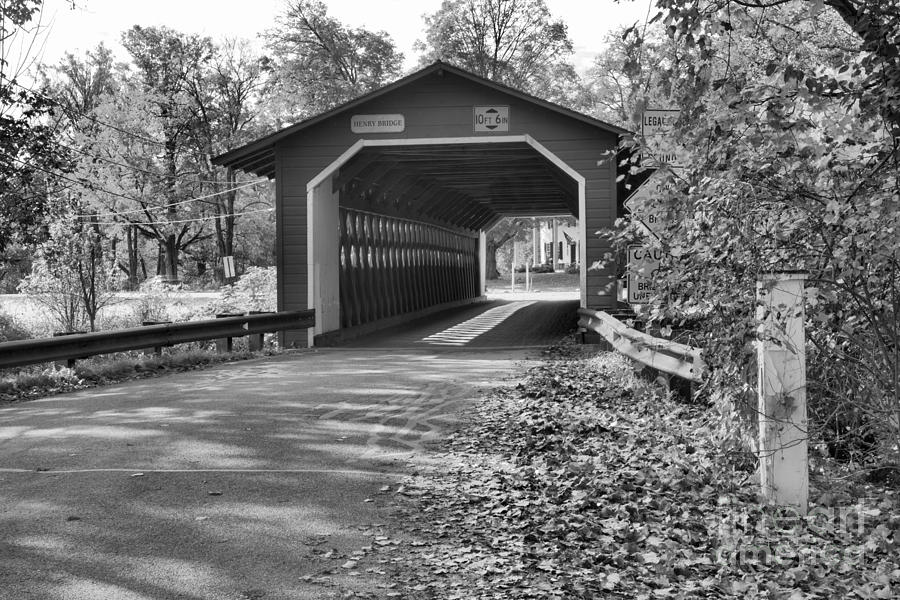Fall Foliage At The Henry Covered Bridge Black And White Photograph by Adam Jewell