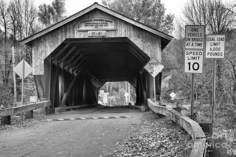 Fall Foliage At The Junction Covered Bridge Black And White Photograph by Adam Jewell