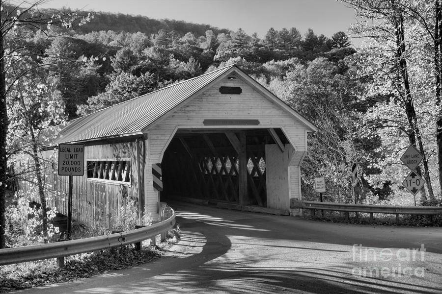 Fall Foliage At The West Dummerston Covered Bridge Black And White Photograph by Adam Jewell