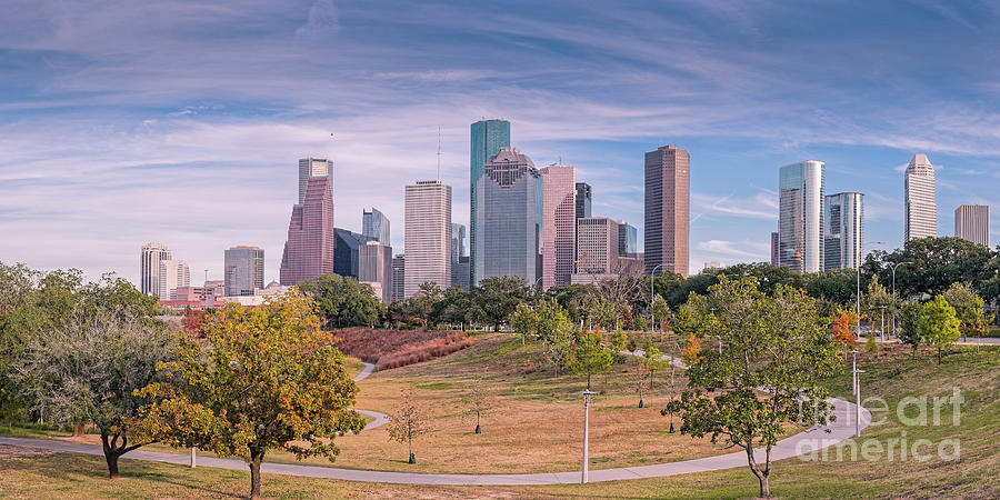 Fall Panorama of Downtown Houston Skyline from Eleanor Tinsley Park - Allen Parkway Houston Texas Photograph by Silvio Ligutti