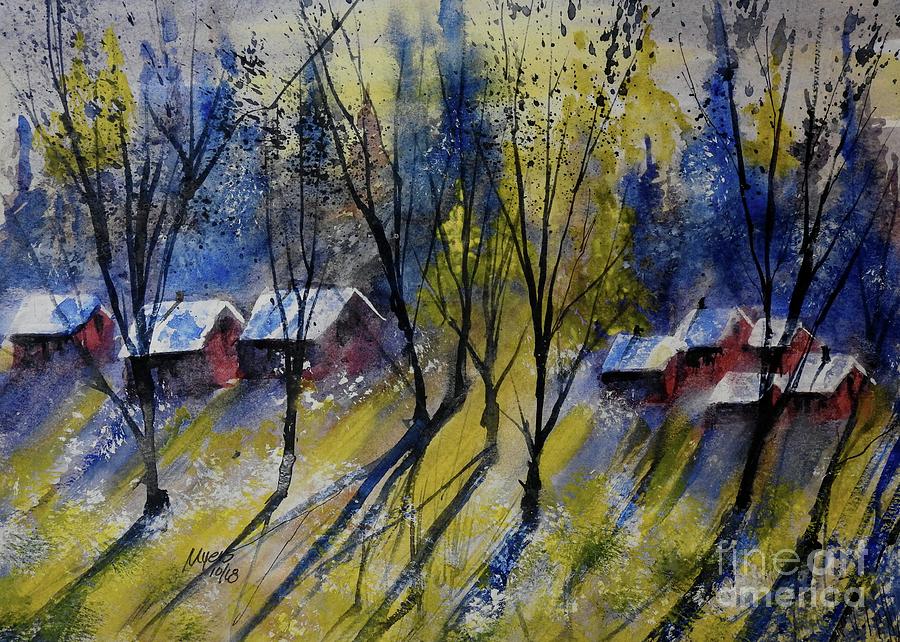 Cabin Painting - Fall Rental Cabins, Watercolor by David K Myers