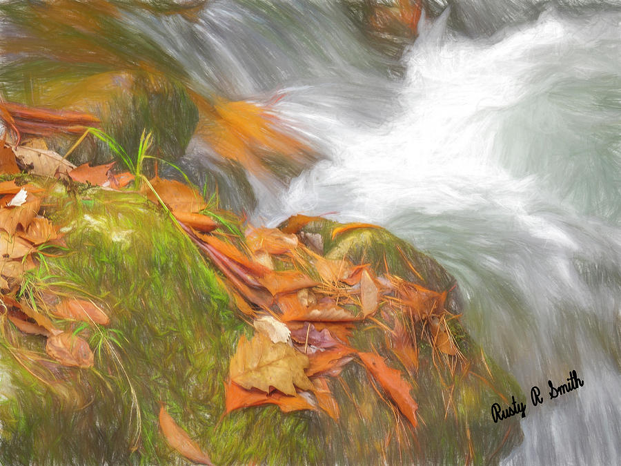 Fallen orange leaves,pine needles and fast flowing water. by Rusty R Smith Fallen orange leaves,pine needles and fast flowing water. by Rusty R Smith