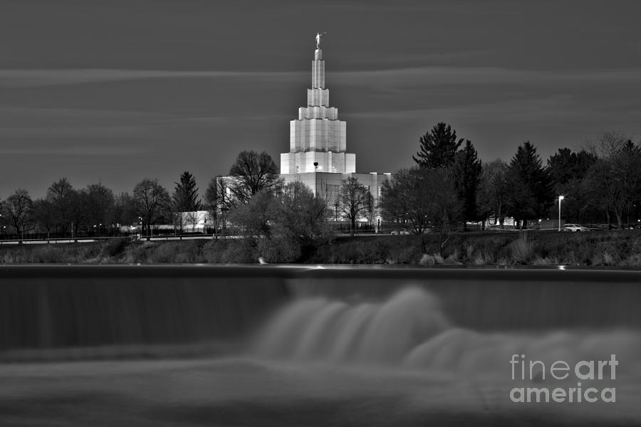 Falls Below The Idaho Falls Temple Black And White Photograph by Adam Jewell