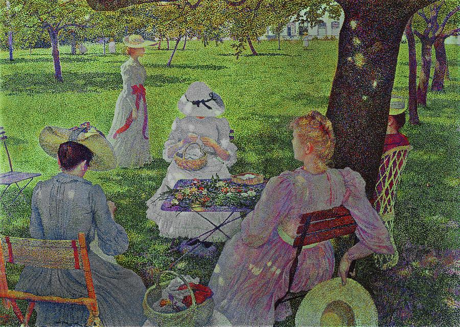 Famille dans un verger-Family in a garden with fruit trees. Canvas. Painting by Theo van Rysselberghe -1862-1926-