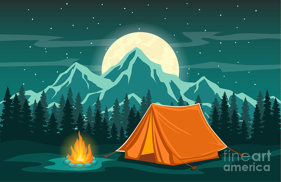 Camping Digital Art - Family Adventure Camping Evening Scene by Sunshinevector