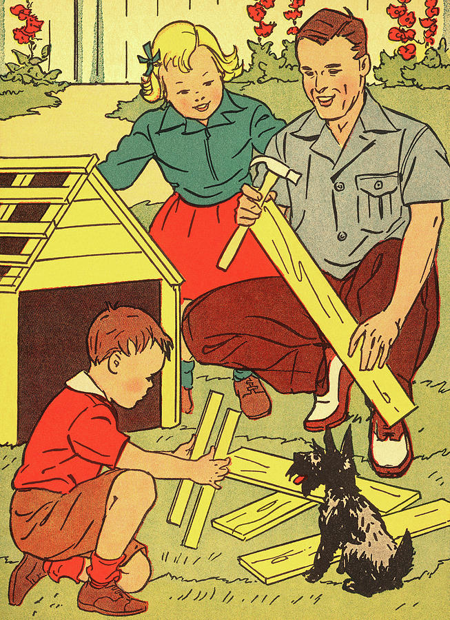 Vintage Drawing - Family Building a Doghouse by CSA Images