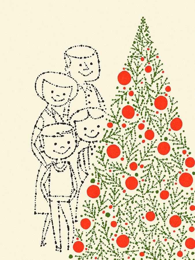 Christmas Drawing - Family By a Christmas Tree by CSA Images