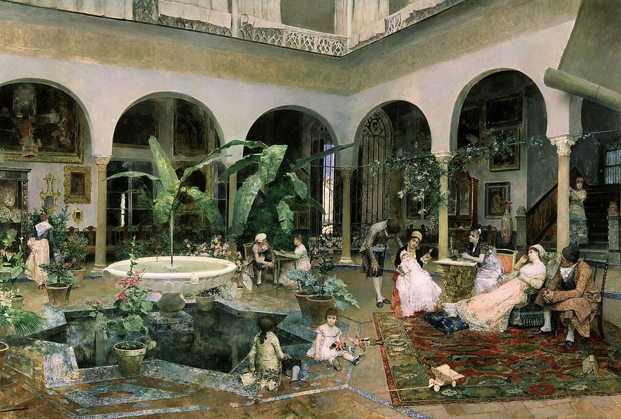 Family In A Patio Of Seville - 19th Century. Painting by Luis Jimenez Aranda -1845-1928-
