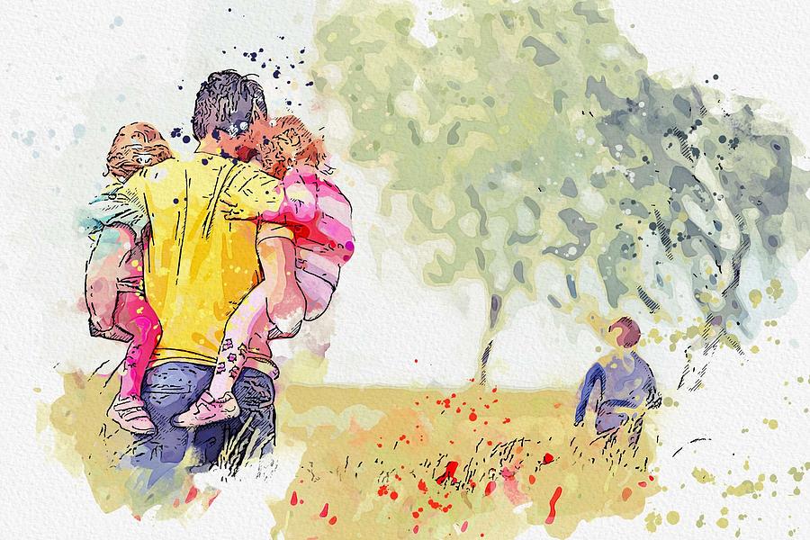 Family In Poppies Field -  Watercolor By Ahmet Asar Painting