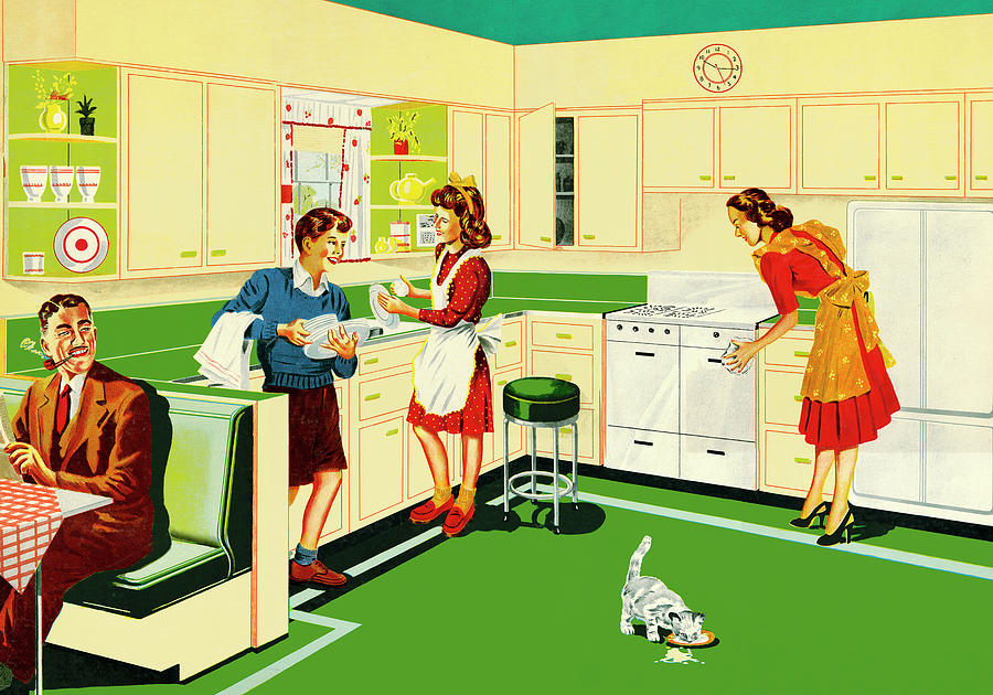 Vintage Drawing - Family in the Kitchen by CSA Images