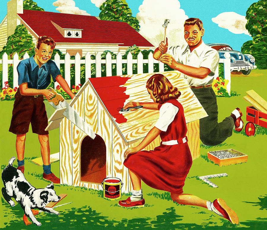 Vintage Drawing - Family Making a Dog House by CSA Images