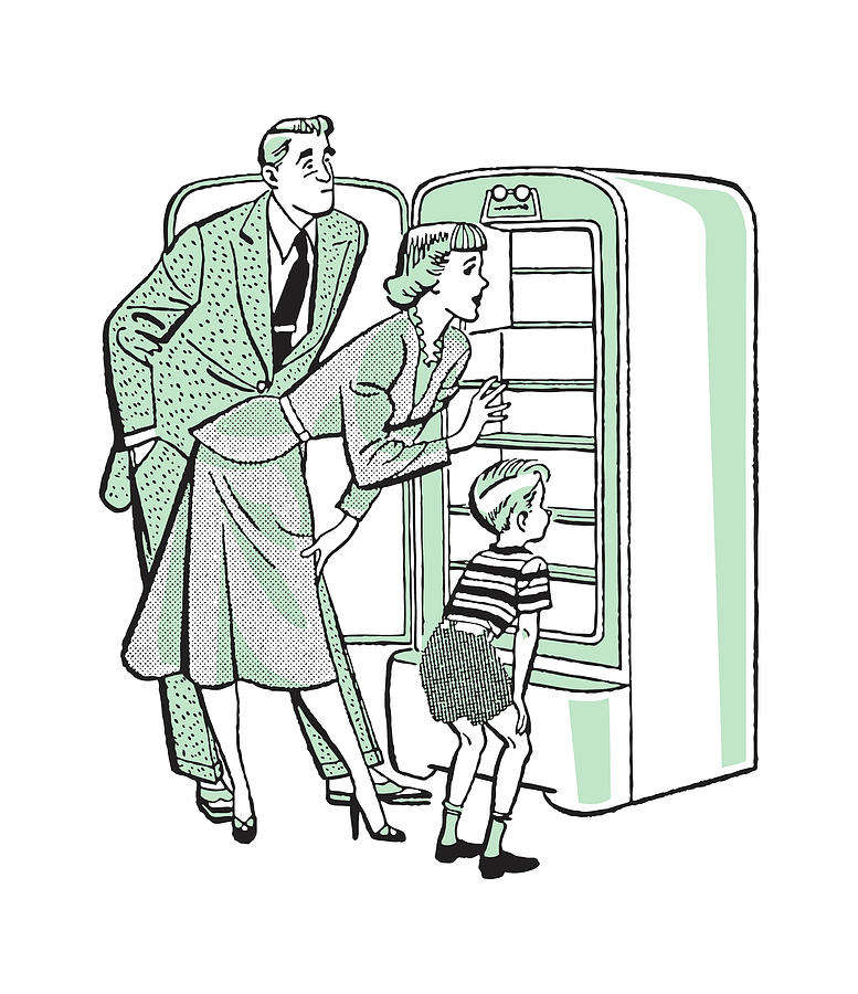 Vintage Drawing - Family of Three Looking Inside Empty Refrigerator by CSA Images