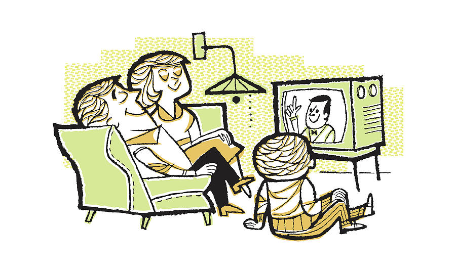 Vintage Drawing - Family of Three Watching Television by CSA Images