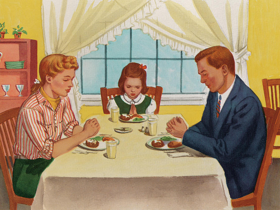Vintage Drawing - Family Praying Before Dinner by CSA Images