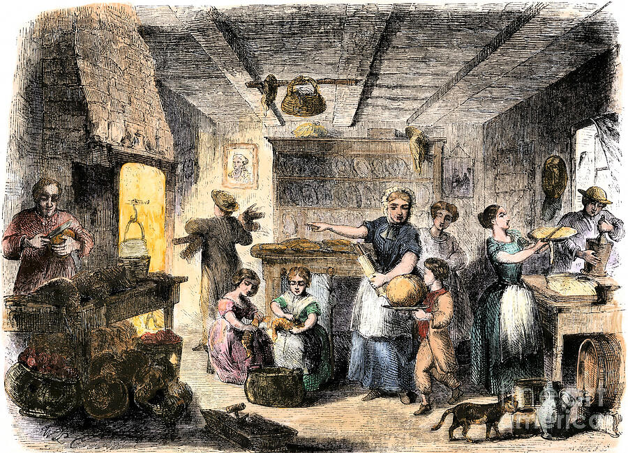 Family Preparing Thanksgiving Dinner, United States, 1850 19th Century Coloring Engraving Drawing by American School